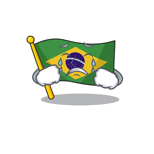 Chorando bandeira do brasil içada no pólo de caráter —  Vetores de Stock