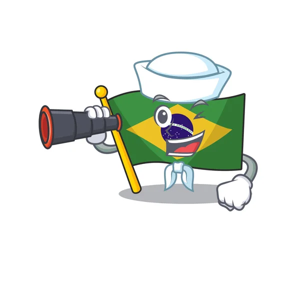 Моряк с бинокулярным бразильским флагом, поднятым на символический столб — стоковый вектор