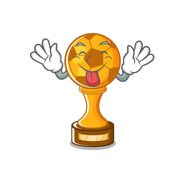Língua fora troféu de futebol acima dos desenhos animados mesa de madeira — Vetor de Stock