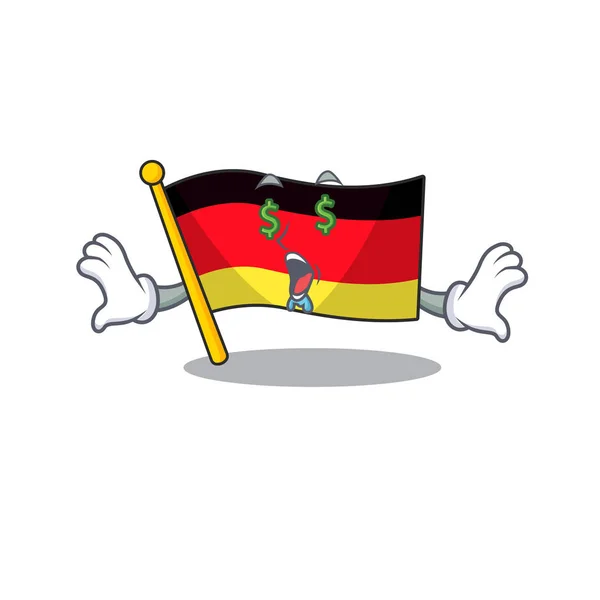 Bandera del ojo del dinero alemania mascota doblado en la mesa de dibujos animados — Vector de stock