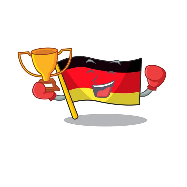 Boxeo ganador bandera alemania mascota doblado en mesa de dibujos animados — Vector de stock