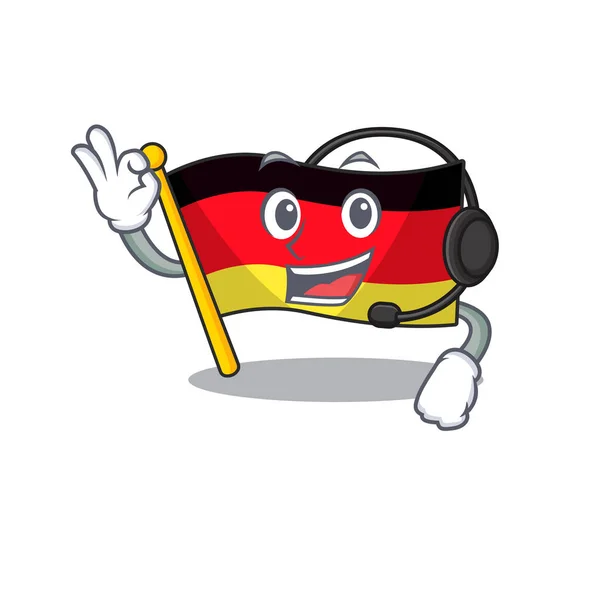 Con bandera de auriculares alemania mascota doblada en la mesa de dibujos animados — Archivo Imágenes Vectoriales