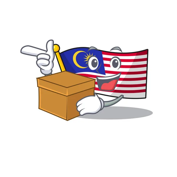 Com caixa bandeira malaysia cartoon isolado com caráter —  Vetores de Stock