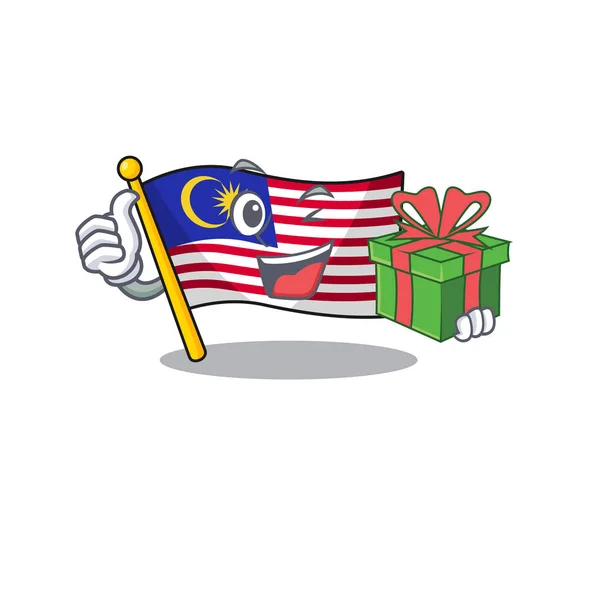 Con bandera de regalo malaysia izada en el poste de dibujos animados — Vector de stock