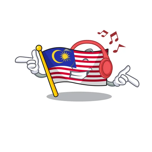 Ecouter de la musique drapeau malaisie hissé sur mât de dessin animé — Image vectorielle