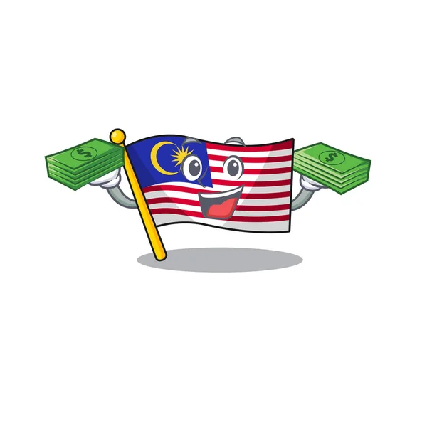 Con la bandera de la bolsa de dinero malaysia izada en el poste de dibujos animados — Vector de stock