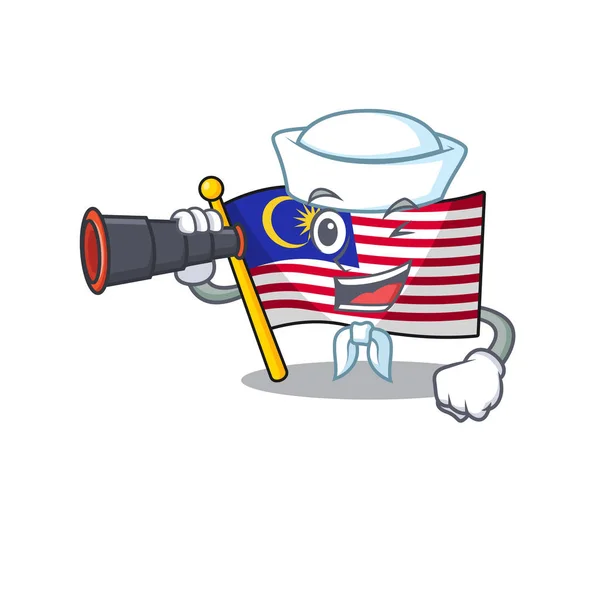 Pelaut dengan bendera binokular malaysia dikibarkan pada tiang kartun - Stok Vektor