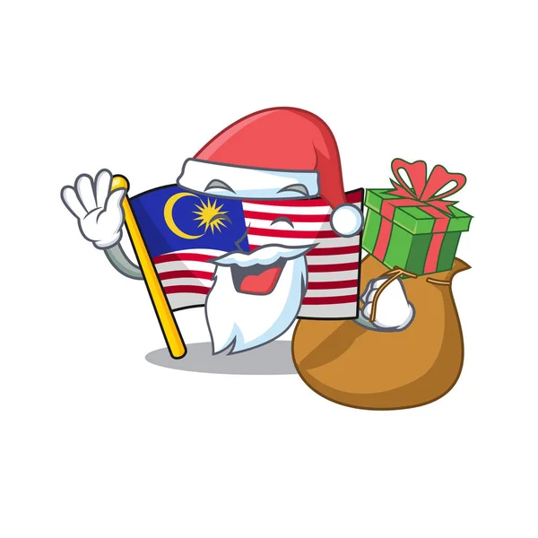 Santa dengan hadiah malaysia maskot bendera disimpan di lemari - Stok Vektor