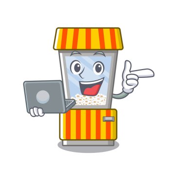 Dizüstü patlamış mısır otomat karikatür izole maskot ile