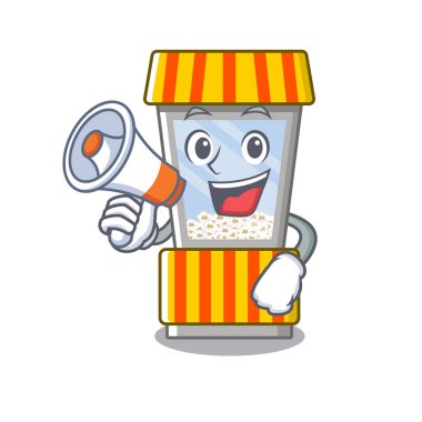 megafon patlamış mısır otomat karikatür izole maskot ile