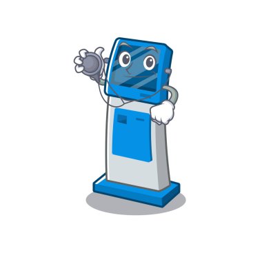 Maskot masanın üzerinde Doktor dijital bilgi karikatür kiosk
