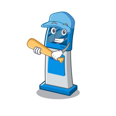 Maskot masanın üzerinde beyzbol dijital bilgi karikatür kiosk oynamak