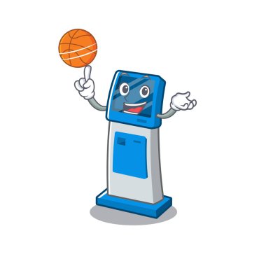 Maskot masanın üzerinde basketbol dijital bilgi karikatür kiosk ile