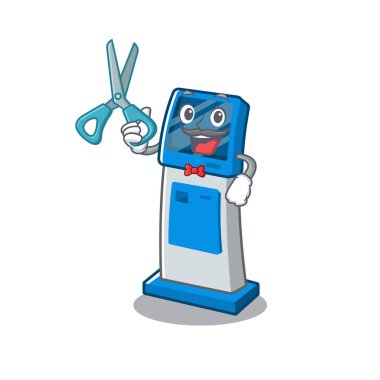 Maskot masanın üzerinde Berber dijital bilgi karikatür kiosk