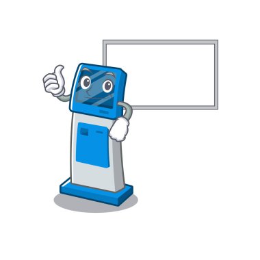 Maskot masanın üzerinde kurulu dijital bilgi karikatür kiosk ile Thumbs up