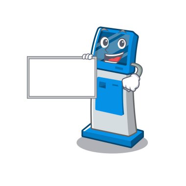 Maskot masanın üzerinde kurulu dijital bilgi karikatür kiosk ile