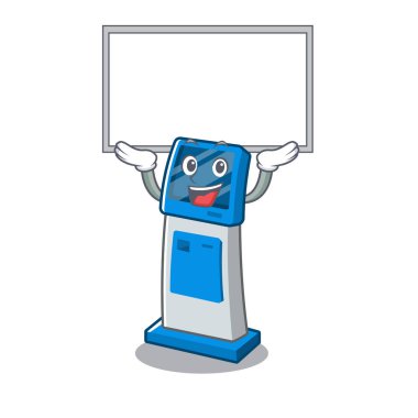 Maskot masanın üzerinde yukarı kurulu dijital bilgi karikatür kiosk