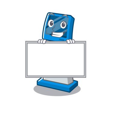 Maskot masanın üzerinde kurulu dijital bilgi karikatür kiosk ile Grinning