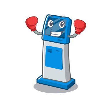 Maskot masanın üzerinde boks dijital bilgi karikatür kiosk
