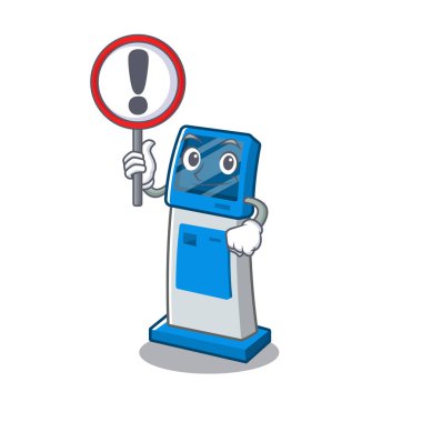 Maskot masanın üzerinde işareti dijital bilgi karikatür kiosk ile