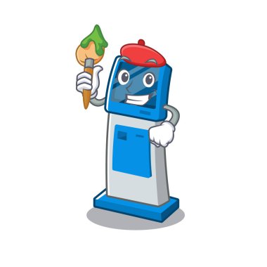 Maskot masanın üzerinde Sanatçı dijital bilgi karikatür kiosk