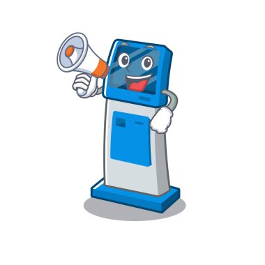 Maskot masanın üzerinde megafon dijital bilgi karikatür kiosk ile