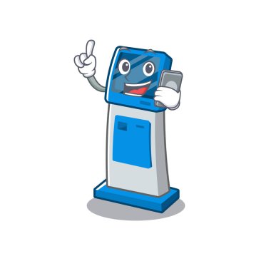 Maskot masanın üzerinde telefon dijital bilgi karikatür kiosk ile
