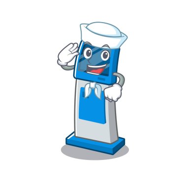Maskot masanın üzerinde Denizci dijital bilgi karikatür kiosk