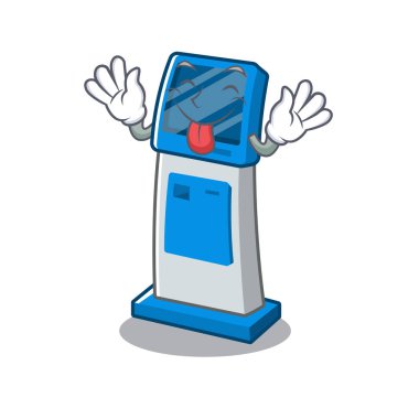 Dil dışarı dijital bilgi karikatür kiosk masanın yanında