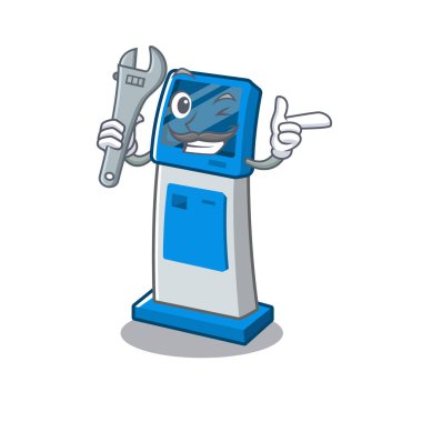 Masanın yanındaki mekanik dijital bilgi karikatür kiosk