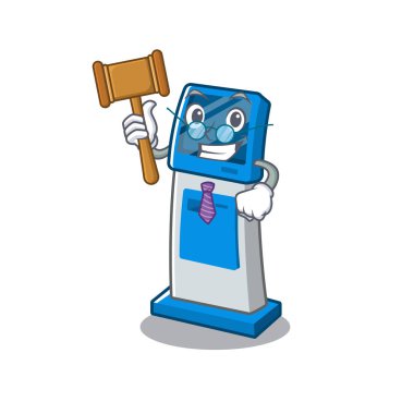 Yargıç dijital bilgi karikatür kiosk masanın yanında