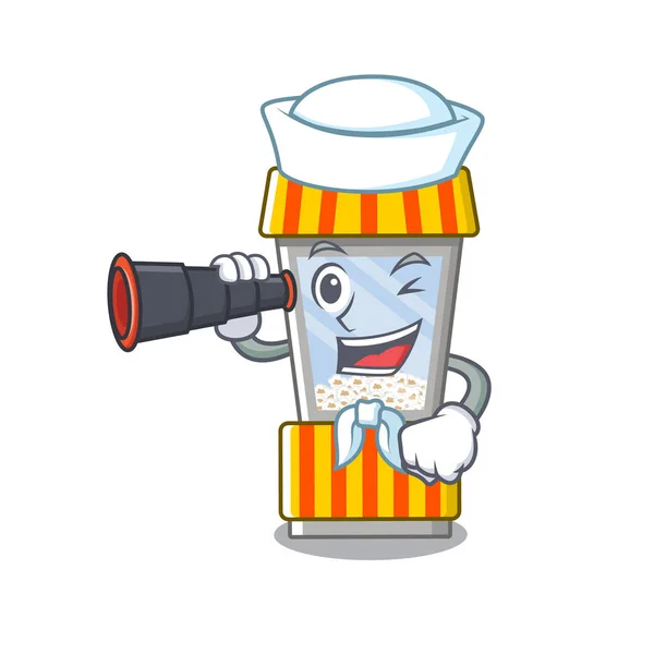 Sailor met verrekijker popcorn verkoopautomaat wordt gevormd cartoon — Stockvector