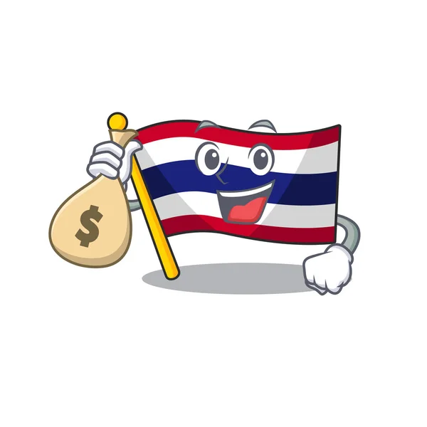 Avec sac d'argent drapeau thailand dessin animé sur mascotte en forme — Image vectorielle