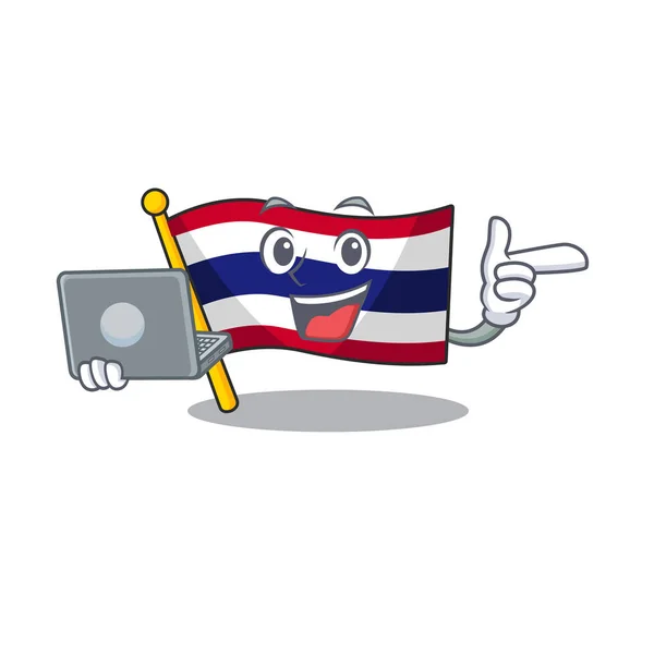 Avec drapeau d'ordinateur portable thailand dessin animé sur mascotte en forme — Image vectorielle