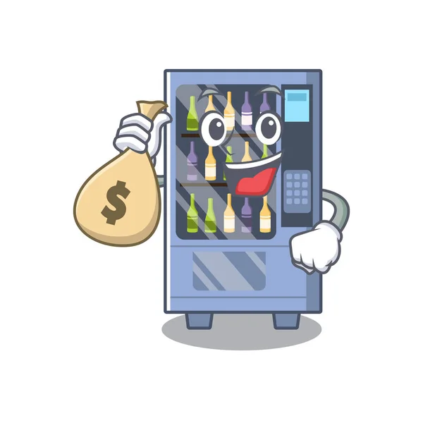 Con bolsa de dinero máquina expendedora de vino de dibujos animados en la mesa del personaje — Vector de stock