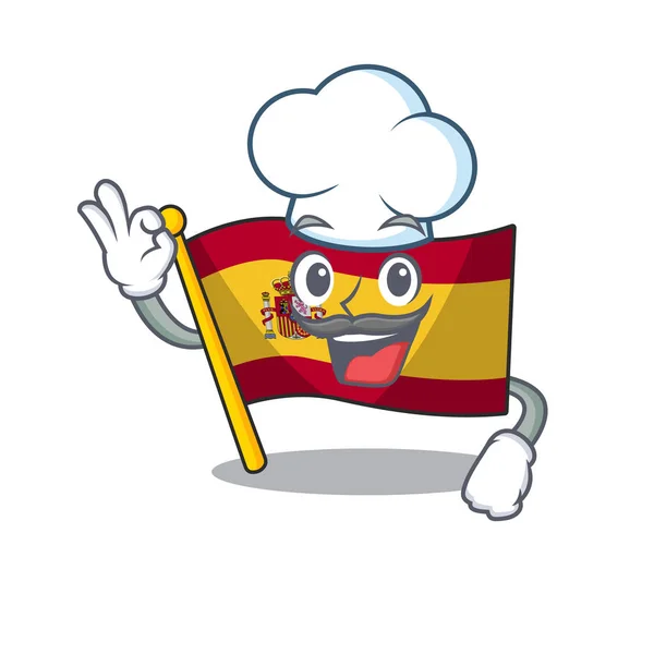 Szef kuchni charakter Hiszpania flaga jest przechowywana kreskówka szuflada — Wektor stockowy