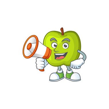 Yeşil elma karakter maskotu megafon granny smith ile