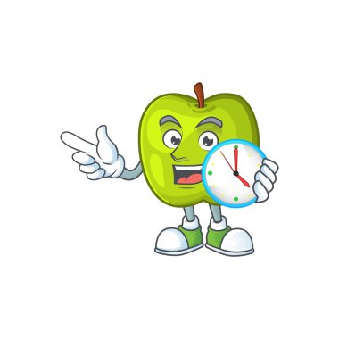 Maskot ile saat karakter granny smith yeşil elma ile