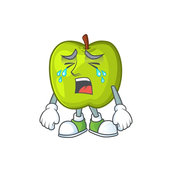 Crying granny smith green apple cartoon mascot — Stock Vector