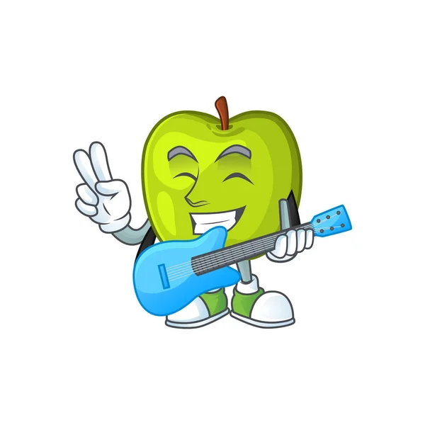 With guitar granny smith green apple cartoon mascot — Stock Vector