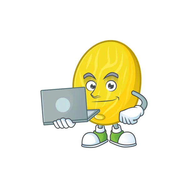 Dengan laptop melon karakter kartun untuk maskot makanan penutup - Stok Vektor