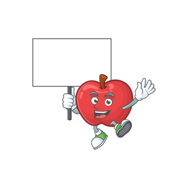 Getir tahta kırmızı elma karikatür maskotu, karakter sevimli
