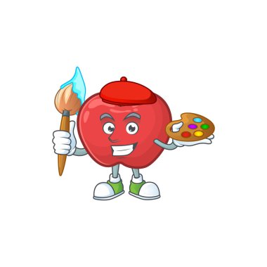 Ressam kırmızı elma karikatür maskotu, karakter sevimli