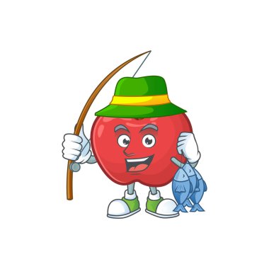 Vejetaryen karikatür için Balıkçılık kırmızı elma komik karakter