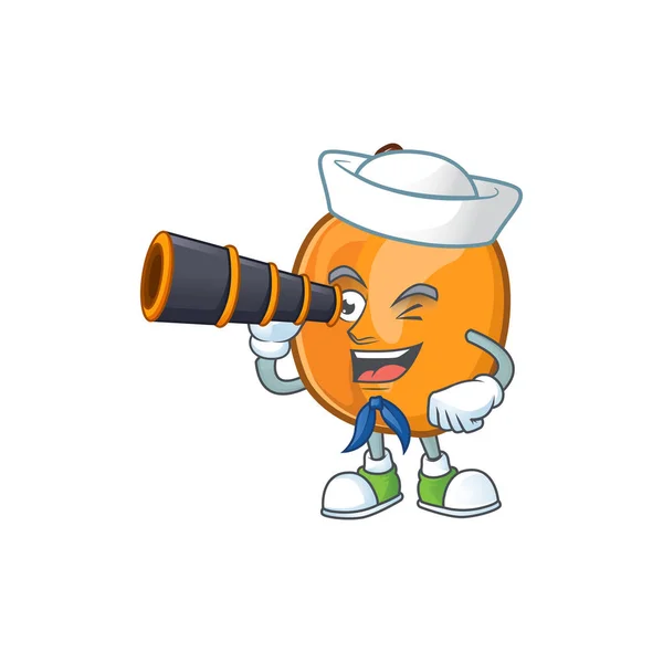 Matroos met verrekijker rijpe abrikoos karakter mascotte van Cartoon — Stockvector