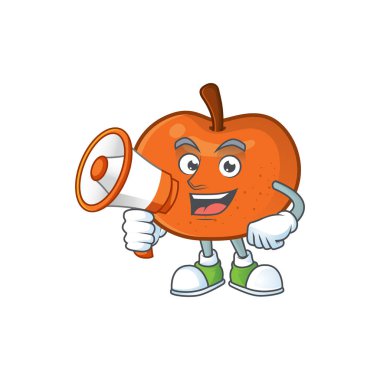 Karikatür karakteri megafon taze mandalina sulu ile.