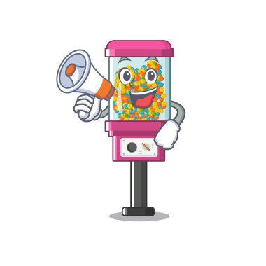 Maskot izole megafon şeker otomat ile