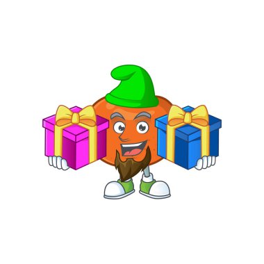 Maskot ile iki hediye meyve mandalina çizgi film karakteri getir