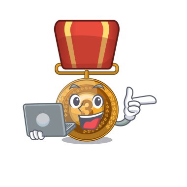 Dizüstü bilgisayar bronz madalya maskot ile izole ile