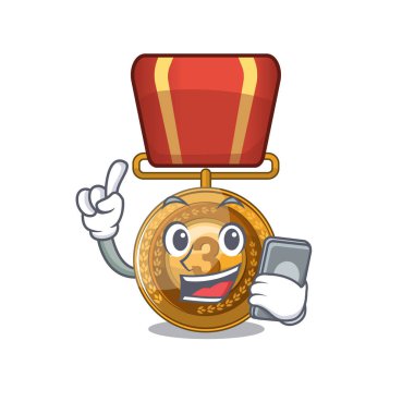 Telefon bronz madalya maskot ile izole ile